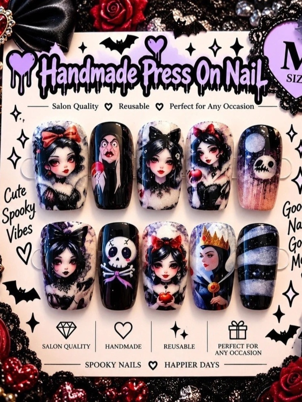 Handmade Gothic Press-On Nails Black & Red Medium